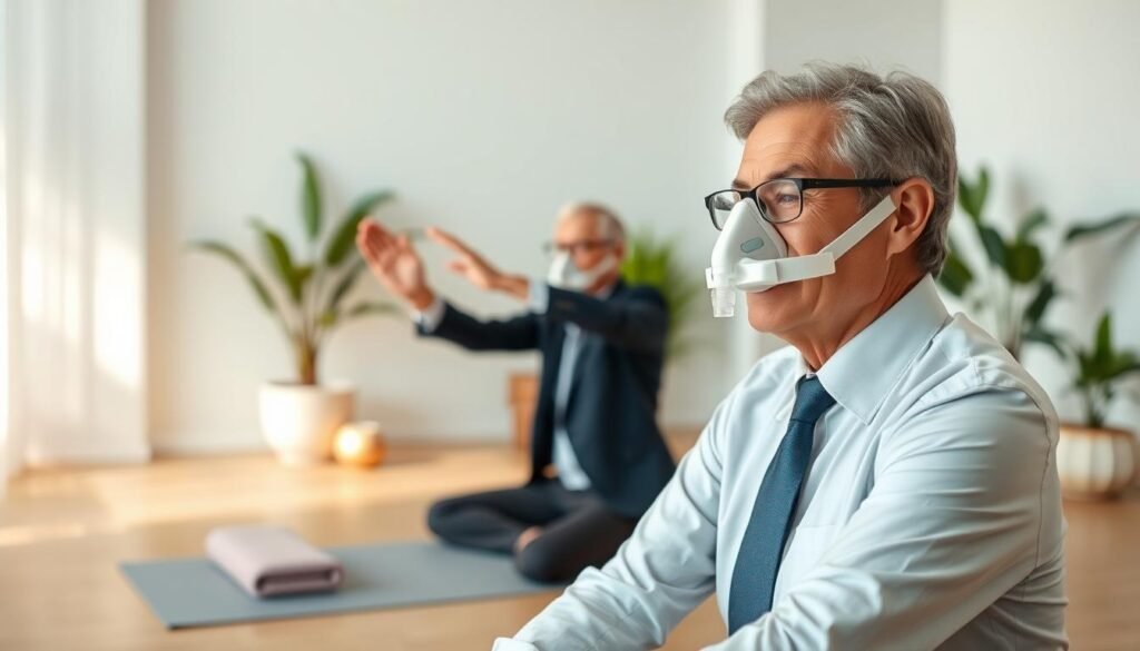 A serene and well-lit indoor setting showcasing a middle-aged individual in modest, professional athletic attire using a sleep apnea device while engaging in gentle stretching exercises. In the foreground, focus on the person’s relaxed expression and proper form, emphasizing their commitment to maintaining health while using a CPAP machine. In the middle, display soft yoga mats and light exercise equipment like resistance bands, symbolizing a holistic approach to fitness. In the background, include tranquil elements like indoor plants and soft lighting to evoke a calm atmosphere. The overall mood should be supportive and encouraging, highlighting the balance between using a sleep apnea machine and staying active.