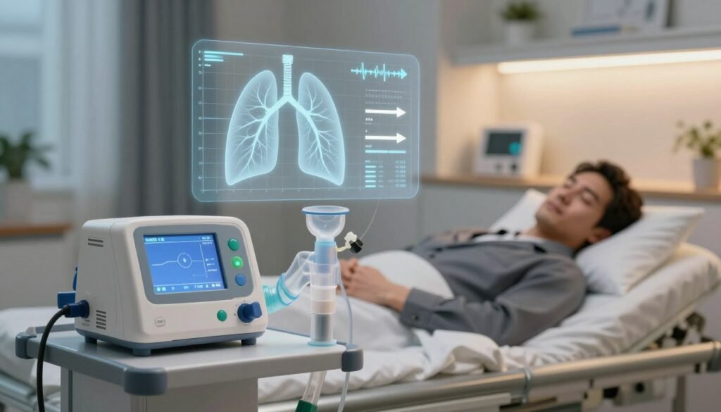 A serene medical setting with a clean, modern design, showcasing a detailed breathing machine in the foreground, connected to a calm, sleeping figure in professional business attire, emphasizing the importance of sleep therapy. The middle layer features an overlay of transparent charts depicting lung function improvements, with arrows illustrating positive changes. In the background, a softly lit room with medical equipment and a relaxing atmosphere, enhancing the mood of health and recovery. The lighting is warm and inviting, highlighting the subjects and details. The angle is slightly elevated to capture both the breathing machine and the sleeping individual, conveying a sense of tranquility and hope for lung health improvement through therapy.