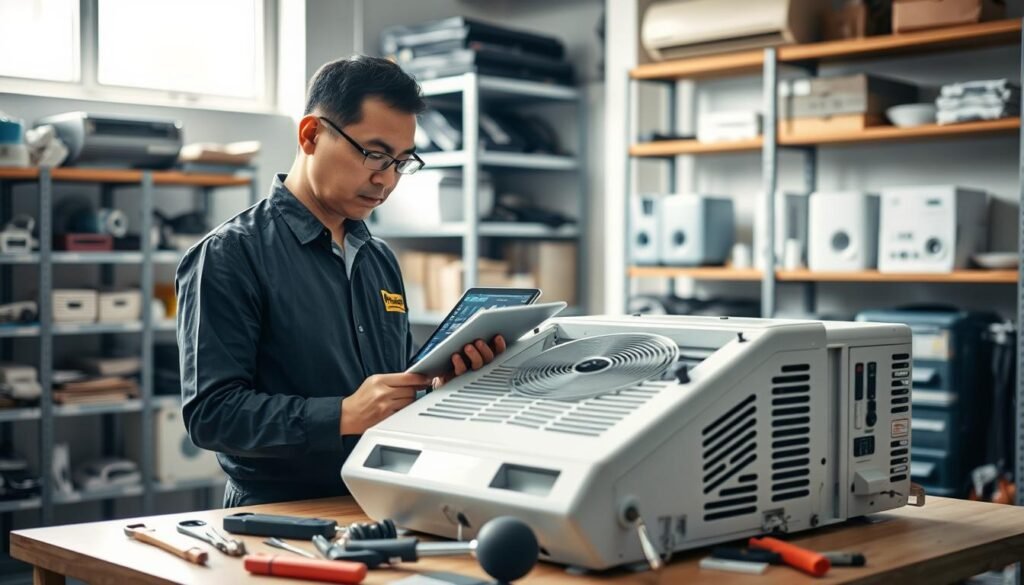 A professional air conditioning technician in a neatly organized workshop, wearing business attire, examines an air conditioning unit on a table. The technician, a middle-aged Asian man, holds a tablet displaying diagnostic results, while various tools are neatly arranged on the workbench in the foreground. In the background, shelves lined with air conditioning parts and accessories create an orderly atmosphere. Soft, natural lighting filters in from a window, highlighting the intricate details of the technician’s focused expression and the components of the air conditioning unit. The overall mood is one of diligence and professionalism, reflecting a commitment to transparency in repair processes.