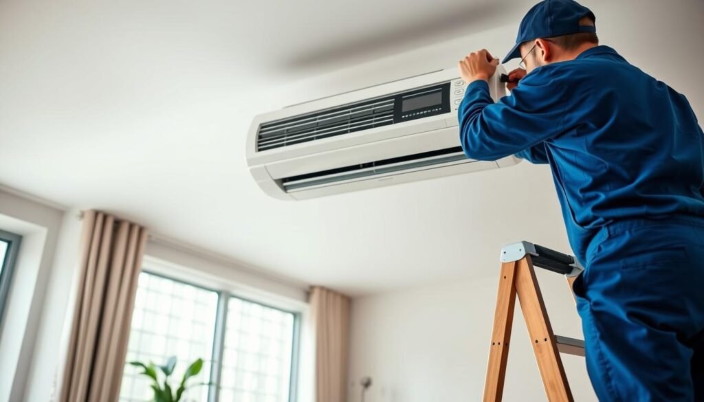 A professional technician in a blue work uniform carefully installing an air conditioning unit inside a modern living room. The foreground shows the technician using a ladder, tools spread around, and focused on connecting the unit to the wall. In the middle, the air conditioning unit is sleek and contemporary, with cooling vents and a digital display. The background features a well-lit room with soft natural light streaming through a window, highlighting the clean, minimalistic decor. The atmosphere is one of diligence and expertise, emphasizing the importance of proper installation. The scene evokes a sense of professionalism and comfort, aiming to convey the technical and customer-centric aspects of air conditioning installation.