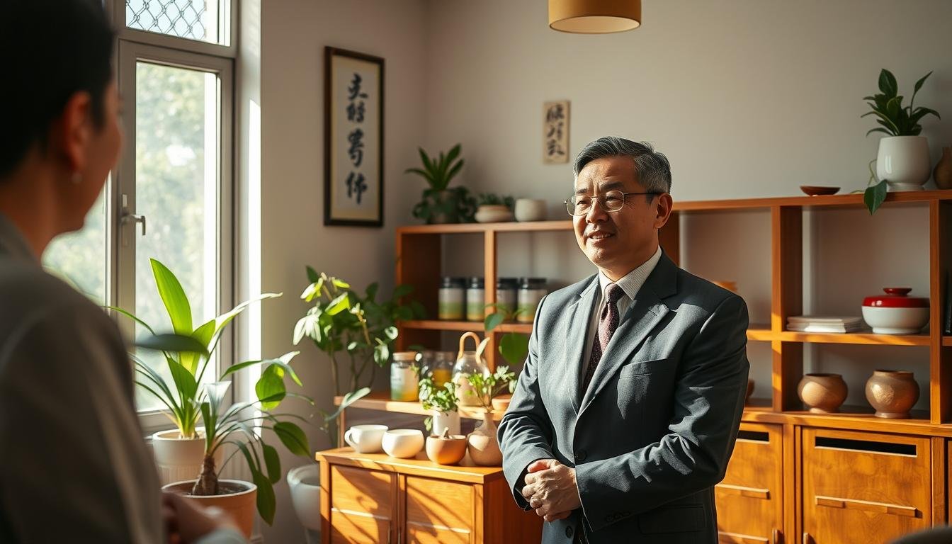 A serene scene depicting the interior of a traditional Chinese medicine clinic in Sha Tin, featuring a cozy consultation area. In the foreground, a professional-looking practitioner, dressed in modest business attire, is discussing health options with a patient. The practitioner’s expression is warm and engaging, conveying a sense of trust. In the middle, traditional Chinese herbs and teas are displayed on wooden shelves, surrounded by calming plants. Soft, natural light filters through the window, casting gentle shadows on the warm wooden furniture. The atmosphere is tranquil and welcoming, suggesting a holistic approach to health and wellness. In the background, framed calligraphy and culturally significant decorations add to the authenticity of the setting.