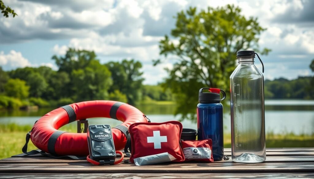 A well-organized outdoor scene featuring various American outdoor life-saving supplies, prominently displayed in the foreground. Items such as a red flotation device, a first aid kit, and a durable water bottle are placed on a picnic table, reflecting their practicality for adventures. In the middle ground, a serene lake is visible, with a backdrop of lush green trees under a partly cloudy sky, enhancing the outdoor atmosphere. Soft, natural lighting illuminates the scene, creating a warm and inviting mood. A lens angle captures both the supplies and the scenic beauty, suggesting a focus on safety and preparedness in outdoor activities. The overall composition conveys a sense of reliability and adventure, ideal for evaluating outdoor life-saving supplies.