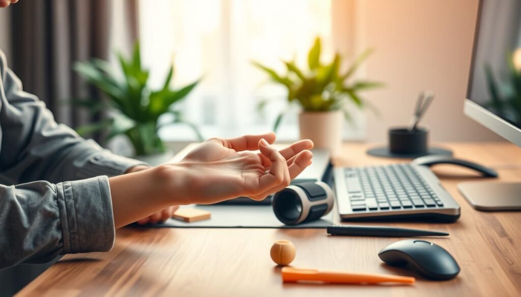 A focused image of a professional and serene workspace showing various methods for wrist pain relief. In the foreground, a pair of hands in modest casual clothing are gently applying a warm compress to a wrist, illustrating a soothing treatment. In the middle ground, items like a wrist brace, a small foam roller, and ergonomic tools for typing are neatly arranged on a desk, representing practical solutions. The background features a softly lit, calming environment with green plants and a blurred window view, creating a peaceful atmosphere. The lighting is warm and inviting, enhancing the sense of comfort. The overall mood should inspire hope and a sense of wellness in managing wrist pain.