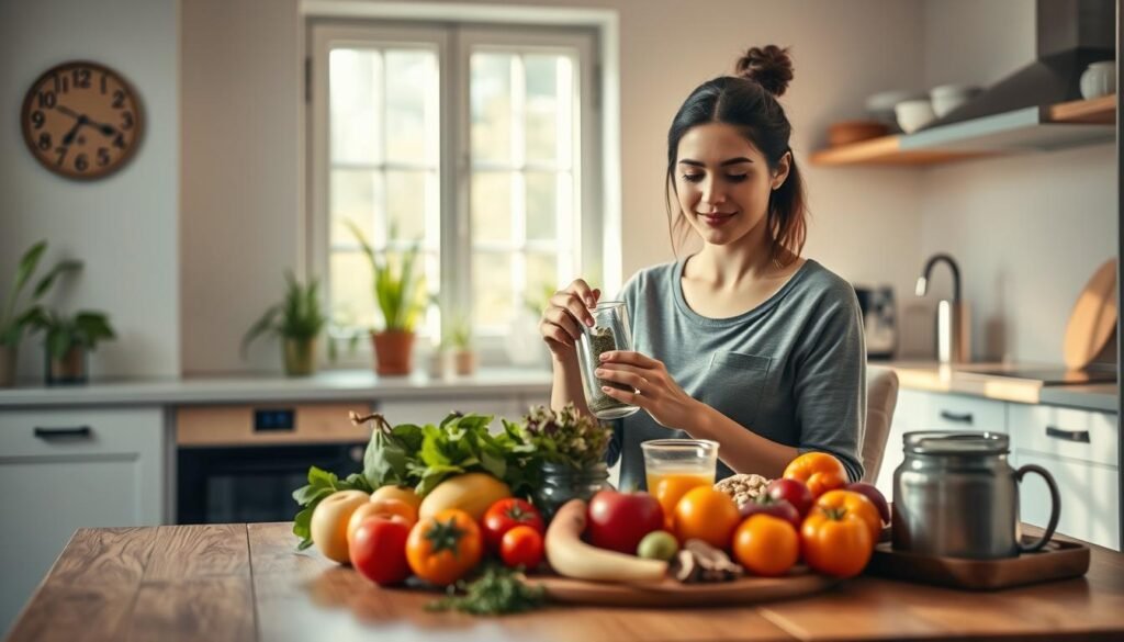 A serene and nurturing scene depicting a woman sitting comfortably in a warmly lit, modern kitchen, engaged in preparing healthy meals and herbal teas aimed at fertility and reproductive health. The foreground features fresh fruits, vegetables, and herbs arranged thoughtfully on a wooden table. In the middle ground, the woman, dressed in modest casual attire, is blending ingredients, exuding an aura of calm focus. The background showcases soft, warm lighting filtering through a window with plants, creating an inviting atmosphere. The mood is peaceful and supportive, symbolizing preparation for motherhood as the woman uses natural elements to enhance her well-being. The image invites a sense of hope and readiness for future family growth, highlighting a proactive approach to health in a contemporary home setting.