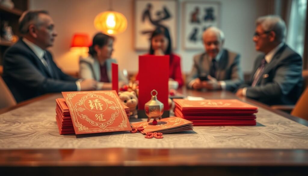 A beautifully arranged table showcasing traditional red envelopes (hongbao) filled with cash, symbolizing the concept of "頭尾禮紅包金額." In the foreground, focus on a stack of eye-catching red envelopes with intricate gold designs, neatly aligned. In the middle, include colorful decorative elements such as small red and gold auspicious symbols that convey good fortune. In the background, softly illuminated by warm, inviting lighting, suggest the setting of a cozy family gathering, with blurred silhouettes of adults in professional attire discussing financial traditions. The overall mood should be one of warmth, respect, and cultural significance, evoking the importance of discussing gift amounts with elders. Use a shallow depth of field to bring the envelopes into sharp focus while gently blurring the background.