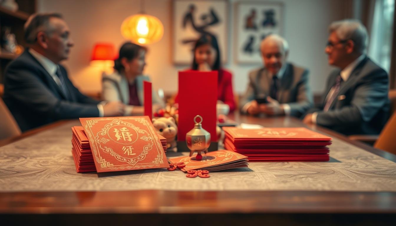 A beautifully arranged table showcasing traditional red envelopes (hongbao) filled with cash, symbolizing the concept of "頭尾禮紅包金額." In the foreground, focus on a stack of eye-catching red envelopes with intricate gold designs, neatly aligned. In the middle, include colorful decorative elements such as small red and gold auspicious symbols that convey good fortune. In the background, softly illuminated by warm, inviting lighting, suggest the setting of a cozy family gathering, with blurred silhouettes of adults in professional attire discussing financial traditions. The overall mood should be one of warmth, respect, and cultural significance, evoking the importance of discussing gift amounts with elders. Use a shallow depth of field to bring the envelopes into sharp focus while gently blurring the background.