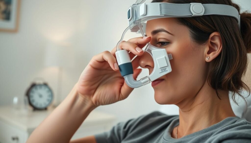 A close-up view of a sleep apnea machine's adjustable headgear, showcasing a user gently tightening the straps to ensure a secure fit. The scene is set in a well-lit room, with soft, diffused lighting highlighting the comfort and ease of adjustment. In the background, there are calming pastel-colored walls and a neatly arranged bedside table with a clock and a glass of water, creating a peaceful atmosphere. The user, dressed in modest casual clothing, is focused on the adjustment process, demonstrating the importance of proper fit to prevent air leaks. The angle captures the intricate details of the headgear and the user's engaged expression, emphasizing clarity and professionalism in the instructional image.