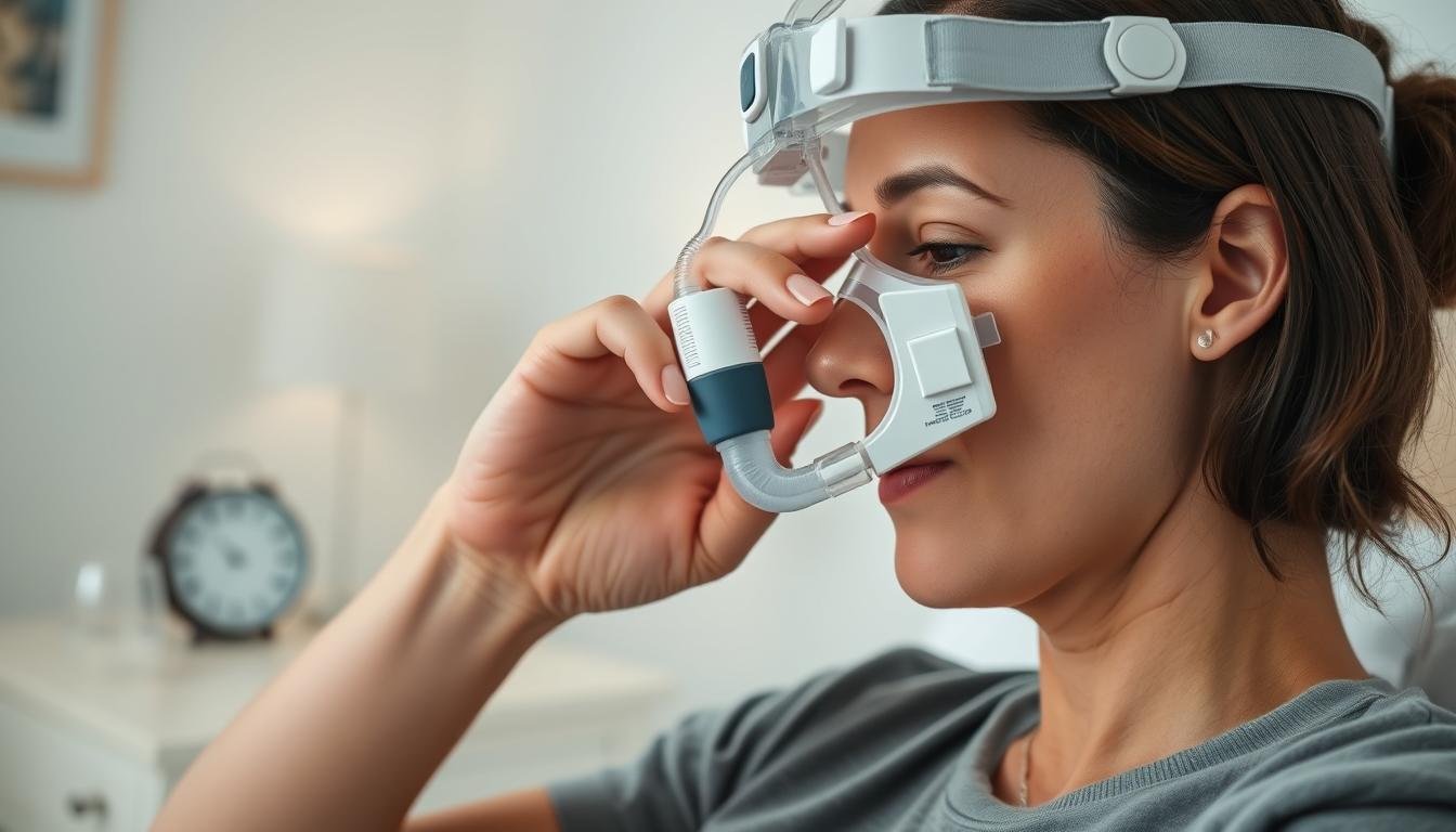 A close-up view of a sleep apnea machine's adjustable headgear, showcasing a user gently tightening the straps to ensure a secure fit. The scene is set in a well-lit room, with soft, diffused lighting highlighting the comfort and ease of adjustment. In the background, there are calming pastel-colored walls and a neatly arranged bedside table with a clock and a glass of water, creating a peaceful atmosphere. The user, dressed in modest casual clothing, is focused on the adjustment process, demonstrating the importance of proper fit to prevent air leaks. The angle captures the intricate details of the headgear and the user's engaged expression, emphasizing clarity and professionalism in the instructional image.
