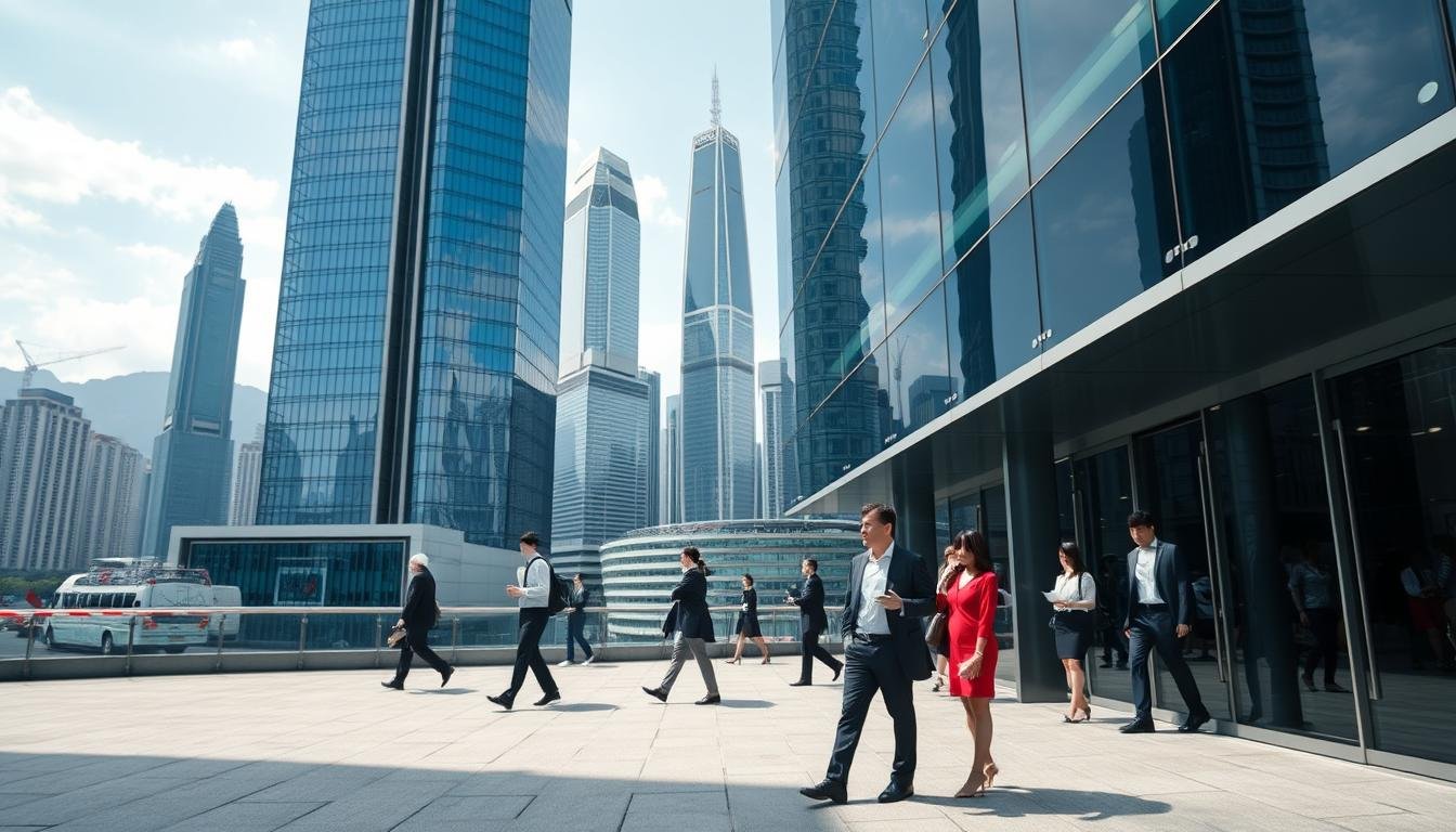 A modern office skyscraper in Central Hong Kong, prominently featuring glass and steel architecture, symbolizing the rental market. In the foreground, a sleek glass building with "For Rent" signage. The middle ground showcases bustling professionals in business attire, engaged in discussions or looking at digital tablets, analyzing property data. In the background, the stunning skyline of Central Hong Kong with iconic landmarks like the Bank of China Tower under bright daylight. Soft reflections on the glass surfaces create a dynamic atmosphere, emphasizing the connection between location and rental value. Capture this scene with a wide-angle lens to enhance depth, showcasing the vibrance of urban business life against the backdrop of modernity. The mood is professional, energetic, and focused on productivity.