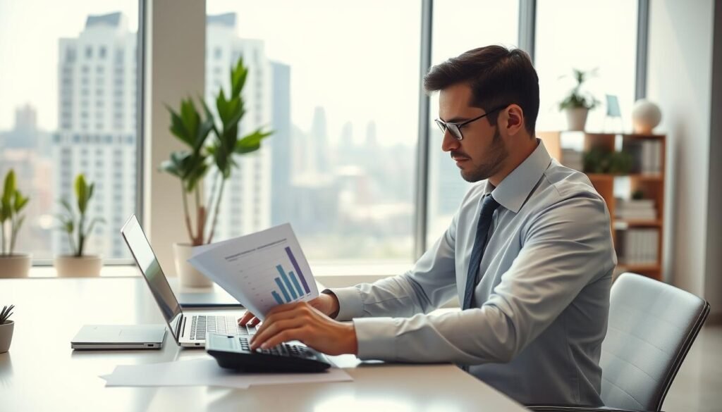 A professional accountant is sitting at a modern desk, reviewing financial documents and a calculator in front of them. The accountant, dressed in crisp business attire, shows a focused expression as they analyze charts and graphs on a laptop. In the background, a large window reveals a bustling cityscape under bright, natural lighting, creating a sense of clarity and transparency. The office is minimalistic, with plants and bookshelves contributing to a calm and organized atmosphere. Soft focus on background elements emphasizes the accountant's concentration on the task at hand. The overall mood evokes professionalism, trust, and competence, reflecting the theme of reasonable pricing for accounting services.