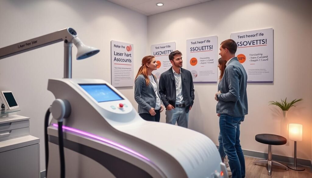 A serene and professional aesthetic focused on a modern laser hair removal clinic designed for students. In the foreground, depict a clean treatment room featuring a state-of-the-art laser hair removal device, with students engaging in a consultation. The middle ground showcases two students, one male and one female, engaged in a conversation with a technician, all dressed in modest casual clothing. The background includes soft lighting with gentle colors, highlighting a wall feature with promotional posters offering special discounts. The atmosphere is calm and informative, promoting the idea of affordable and accessible laser hair removal for students, emphasizing the benefits in a smart, inviting way. The scene captures a sense of professionalism and care.